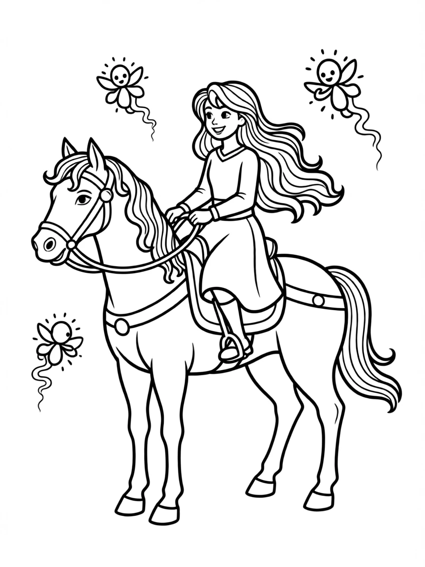 Merida riding her horse, with the Will o' the Wisps.
