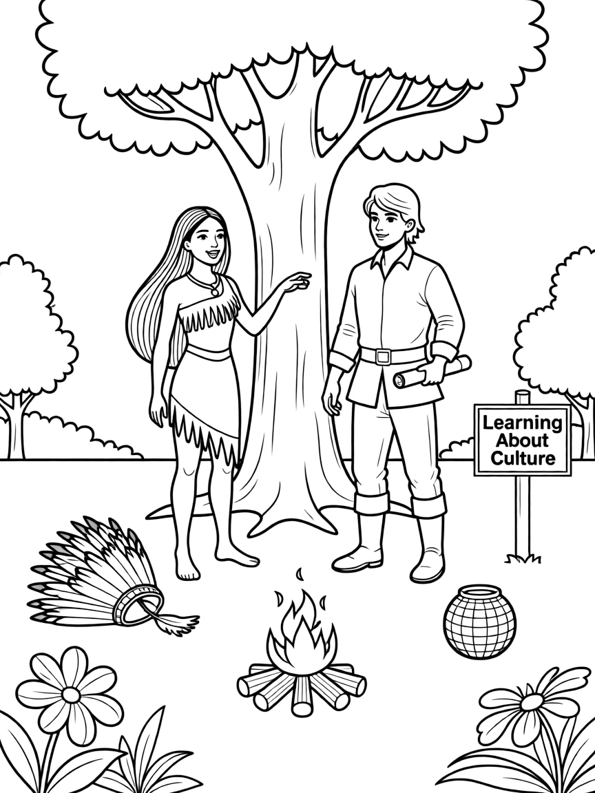 Pocahontas teaching John Smith about her culture.