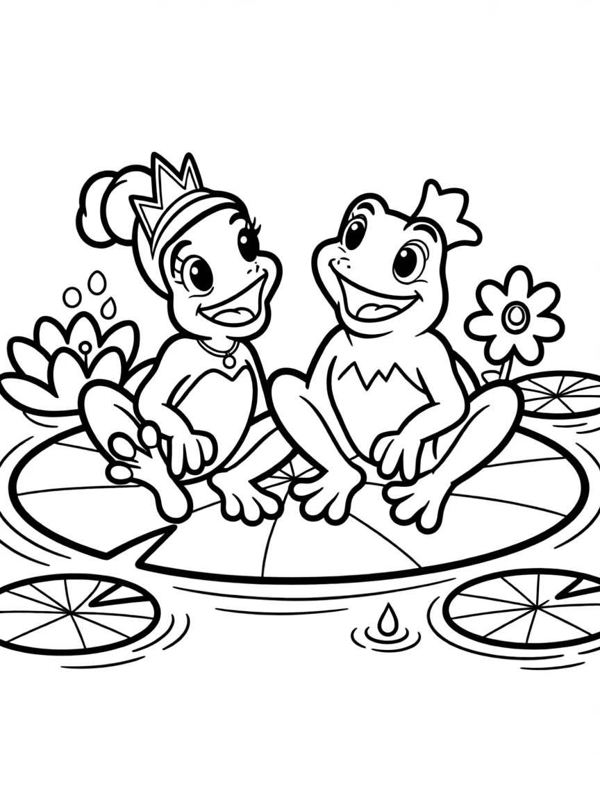Tiana and Naveen as frogs, laughing together.