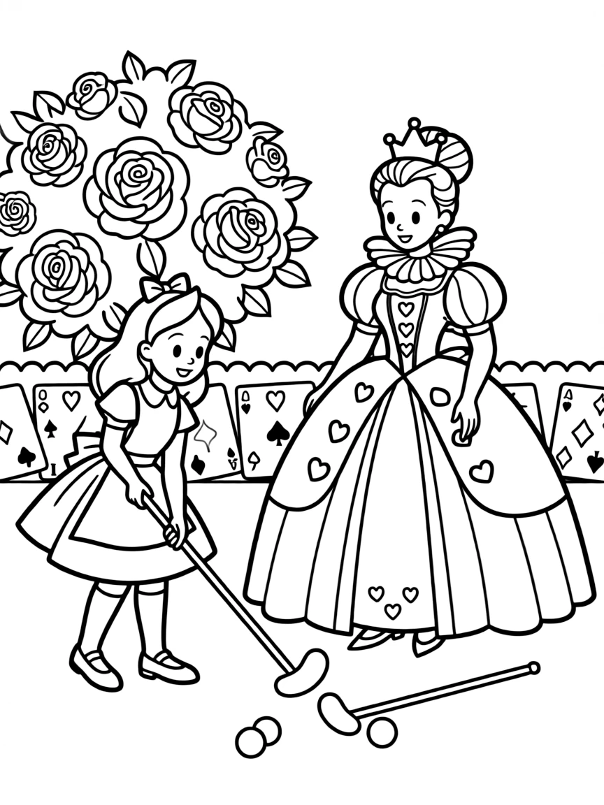 Alice playing croquet with the Queen of Hearts.