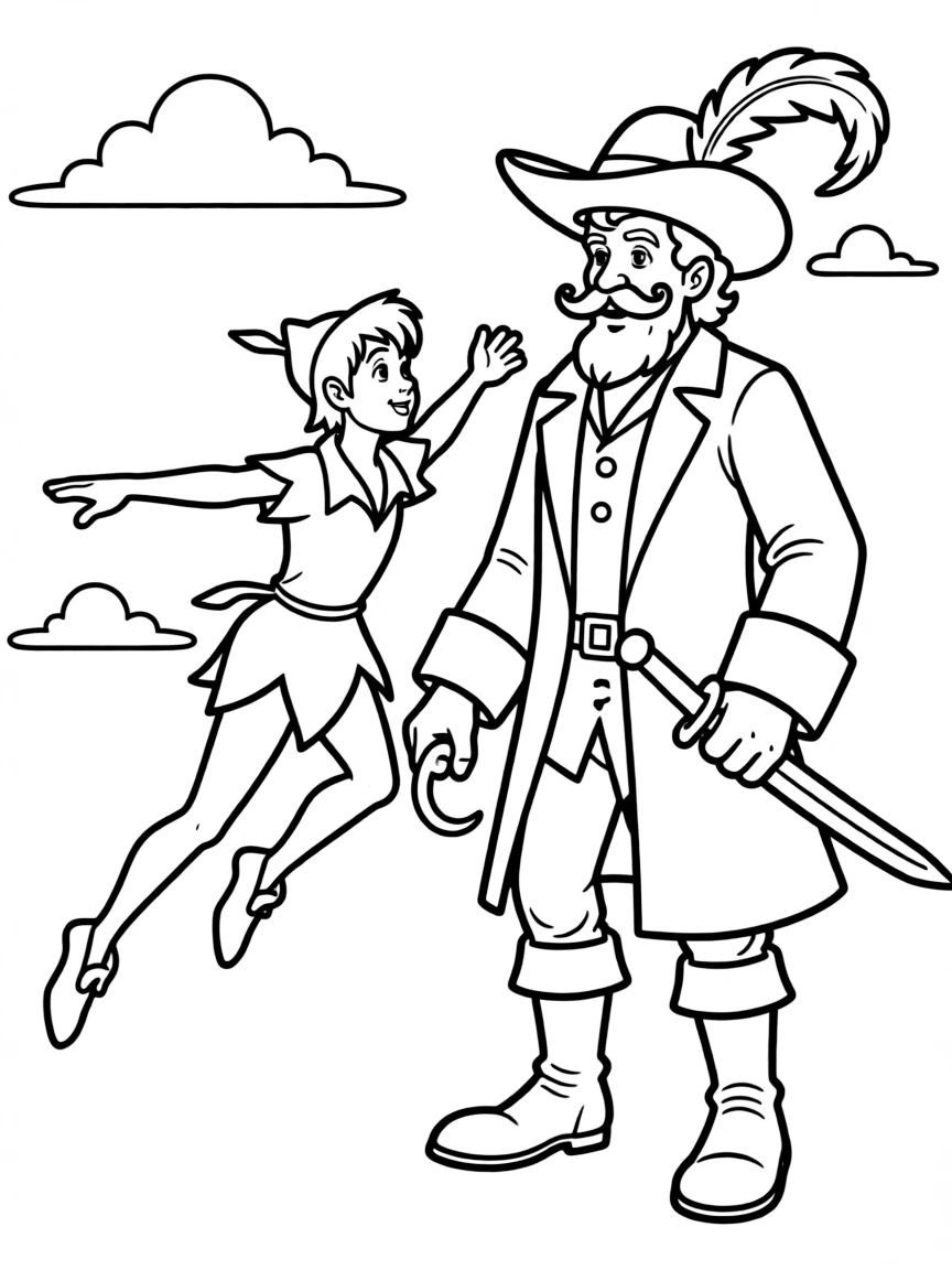 Peter Pan flying away from Captain Hook.
