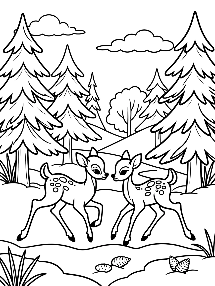 Bambi and Faline running through a snowy forest.
