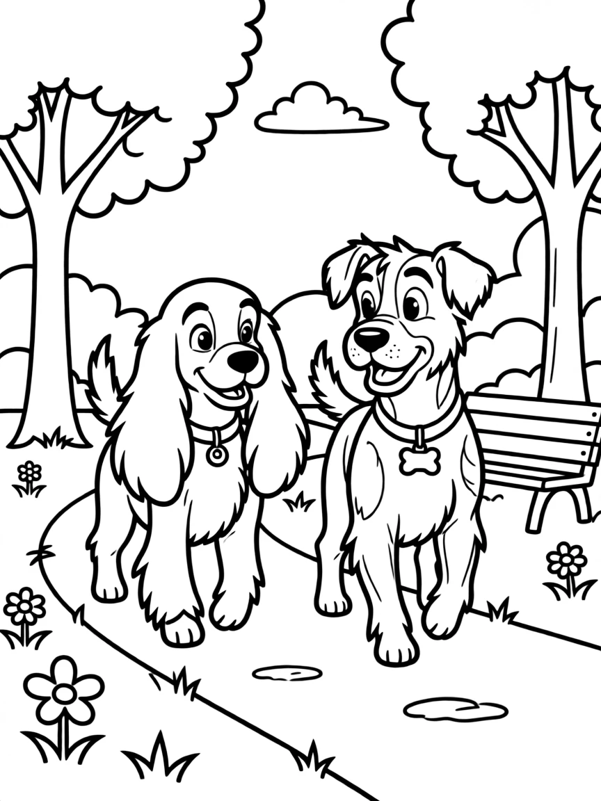 Lady and Tramp walking in the park.
