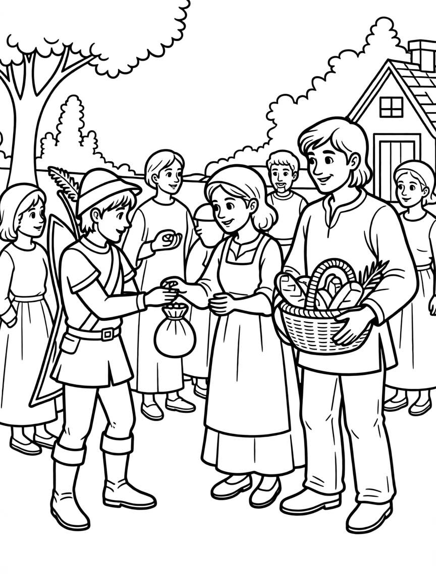 Robin Hood and Little John helping the poor.