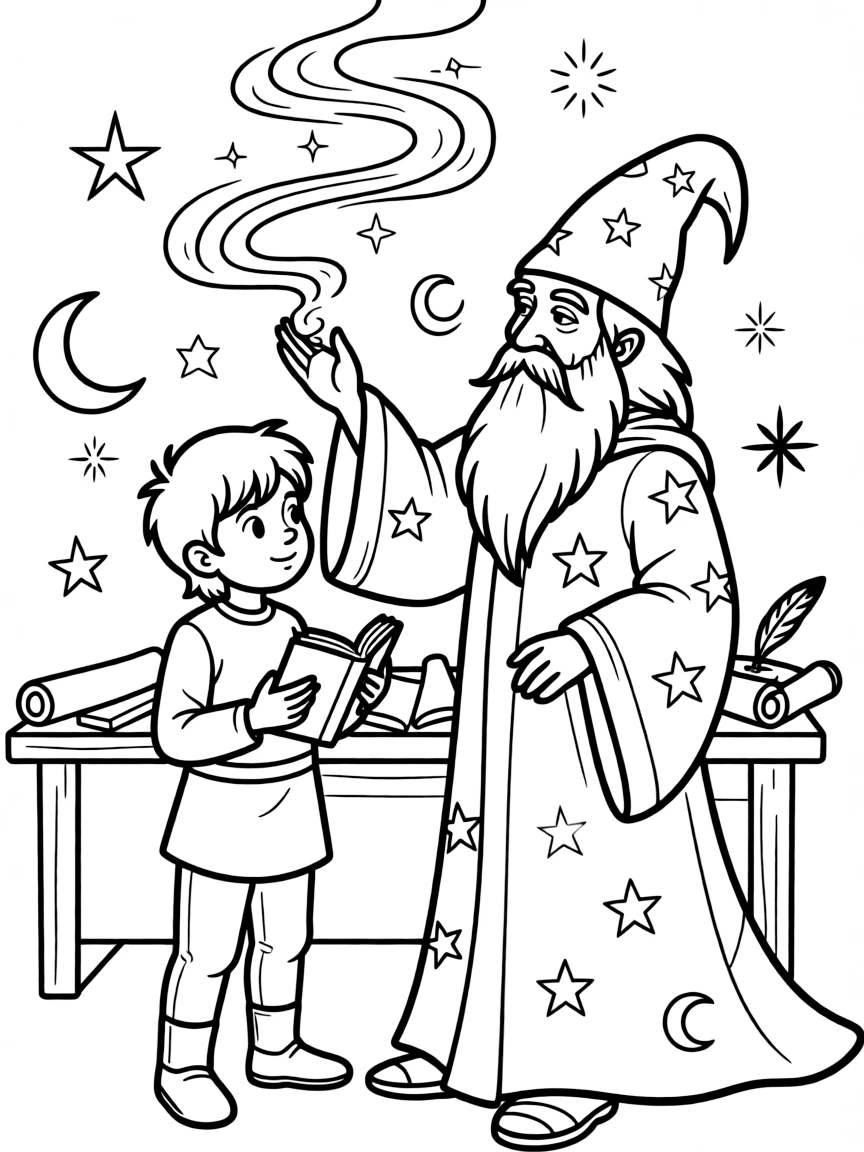 Arthur learning magic from Merlin.