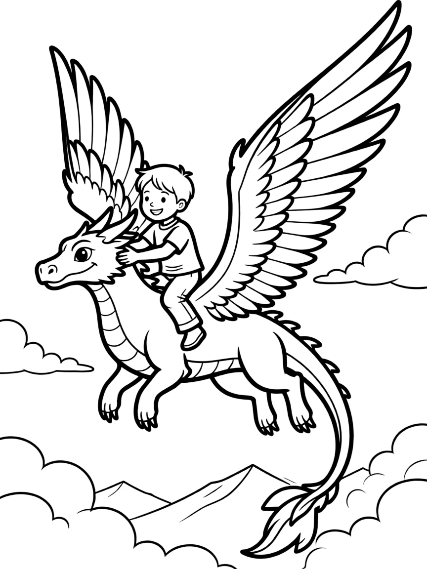 Cody riding on Marahute's back, soaring.