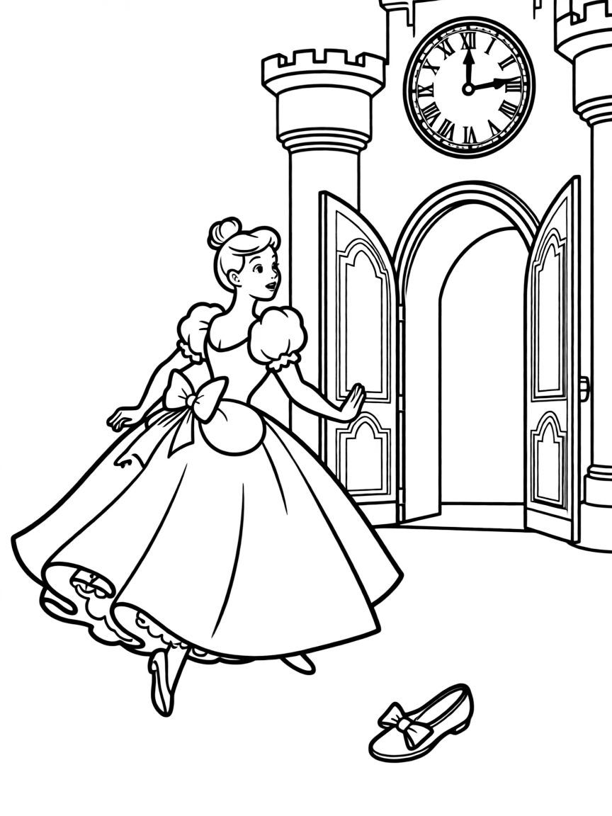 Cinderella escaping the ball at midnight.