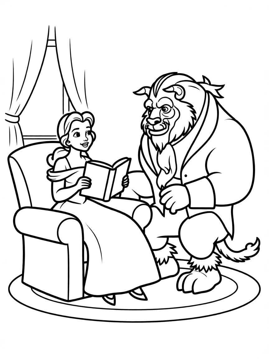 Belle reading a book to the Beast, who is listening.