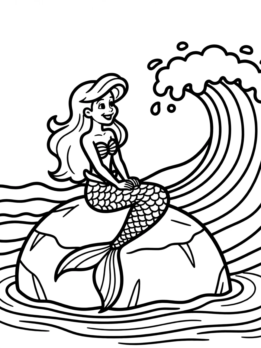Ariel sitting on a rock, with waves crashing around her.