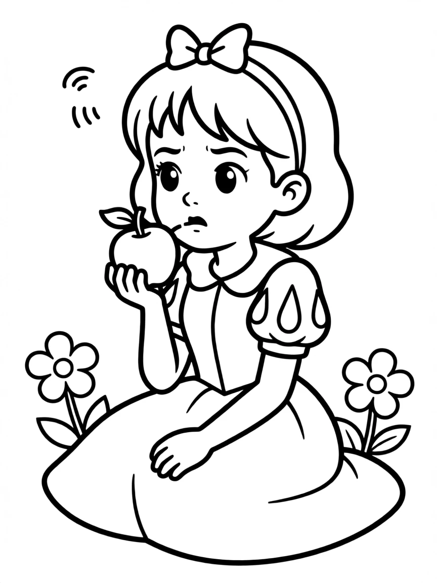 Snow White eating a poisoned apple, looking confused.