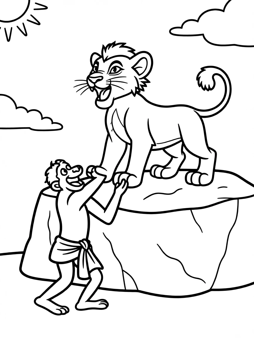 Simba roaring, with Rafiki lifting him up.