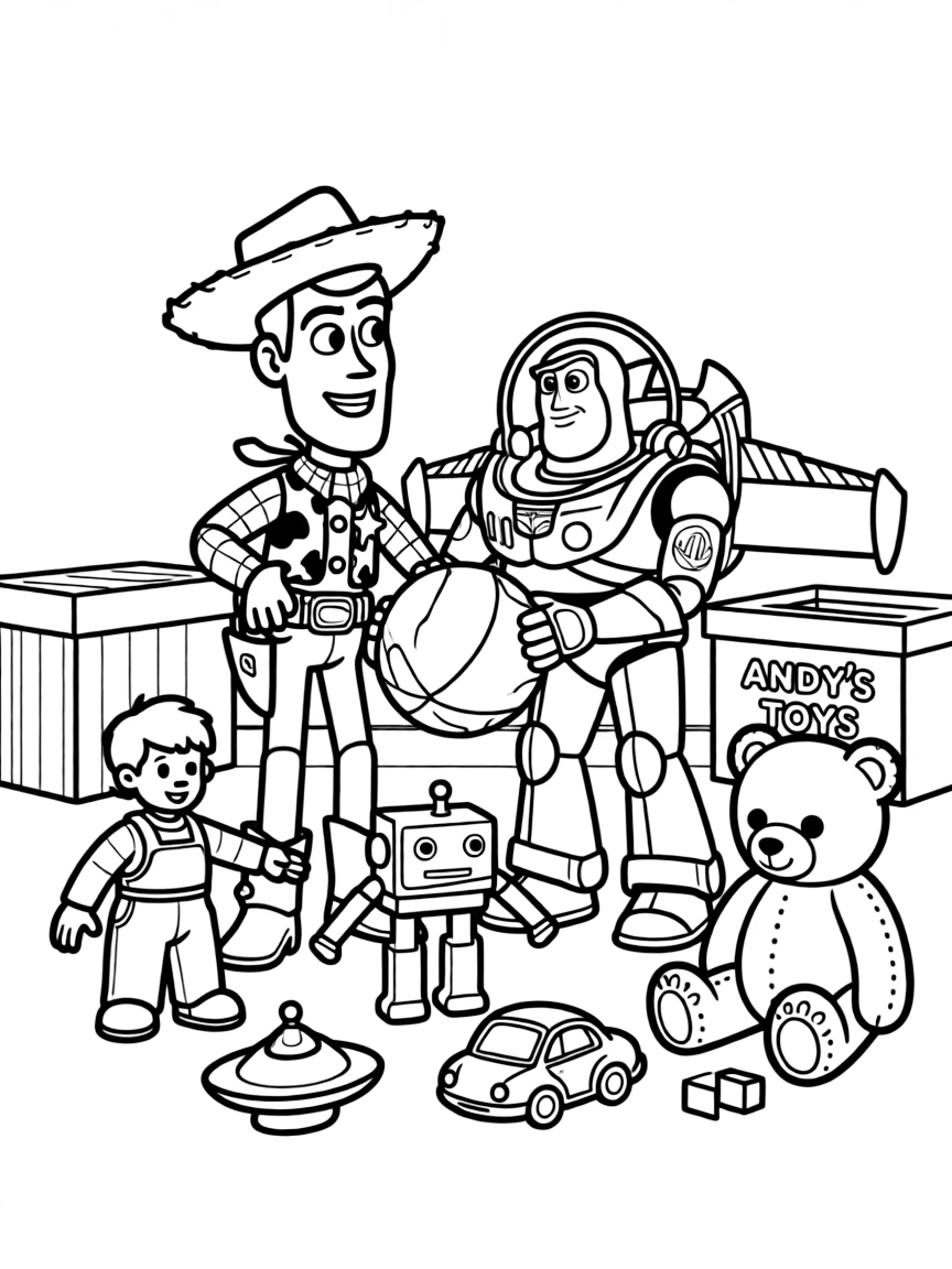 Woody and Buzz playing with Andy's other toys.