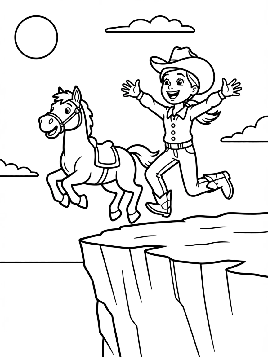 Jessie jumping off a cliff with Bullseye.