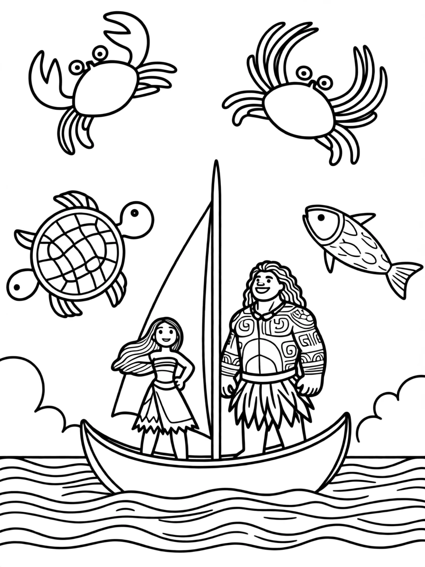 Moana and Maui on the open ocean, with constellations.