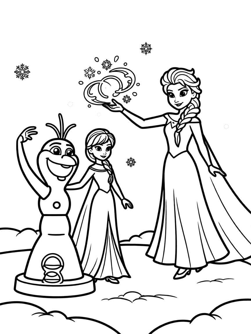 Elsa creating ice statues of herself and Anna.