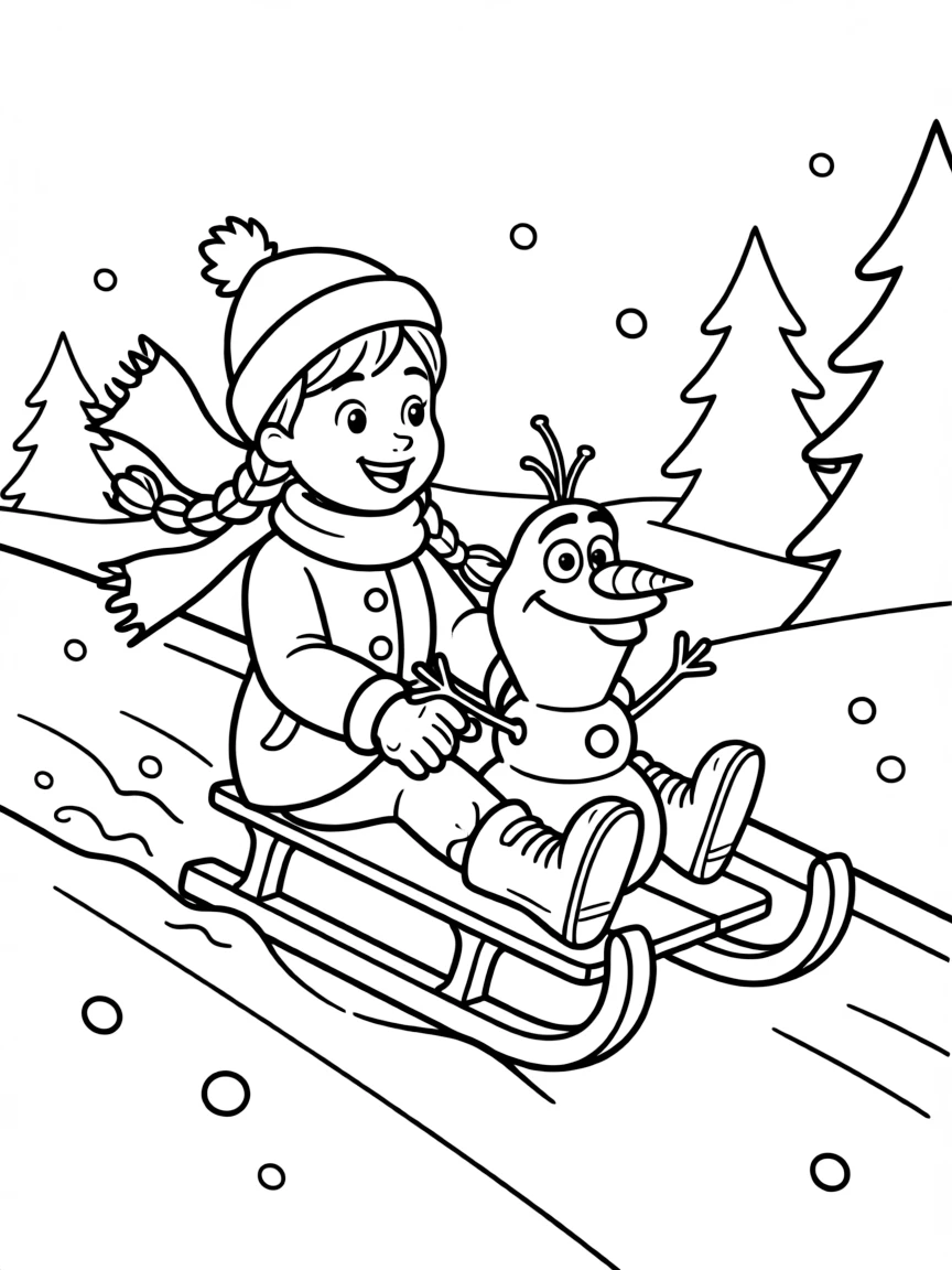 Anna and Olaf sliding down a snowy hill.