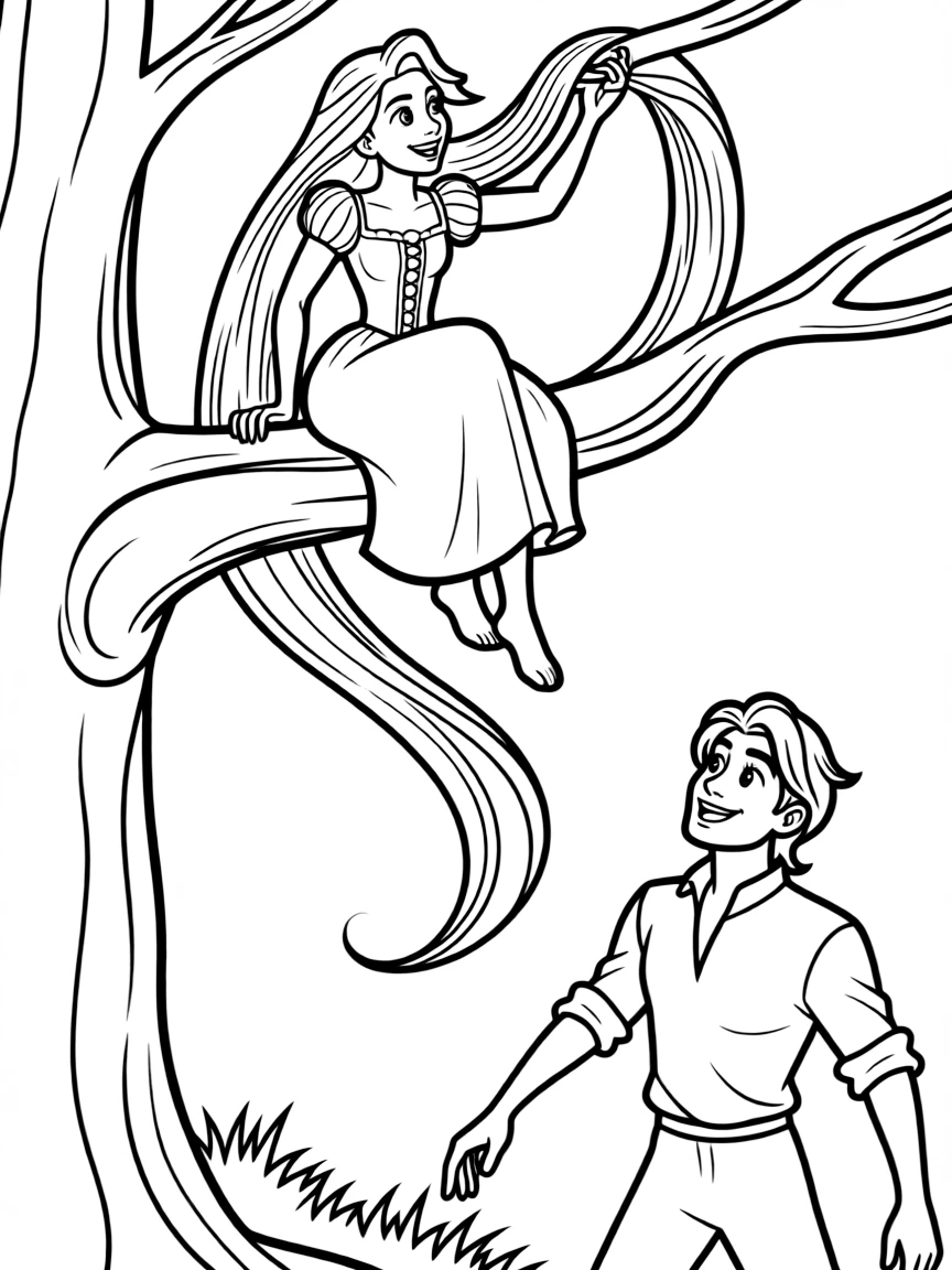 Rapunzel swinging from her hair, with Flynn below.