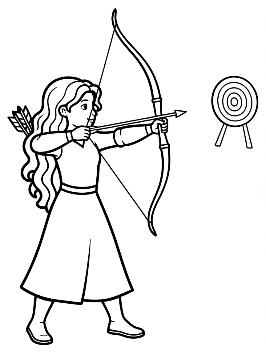 Merida aiming her bow and arrow at a distant target.