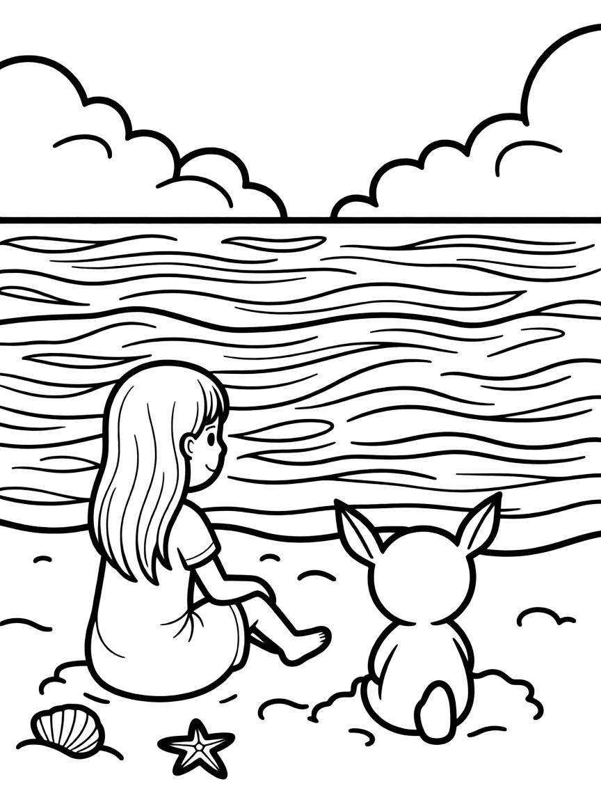 Lilo and Stitch sitting by the ocean, watching the waves.