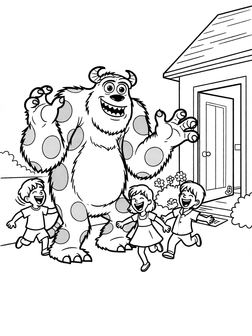 Sulley scaring children's laughter out of doors.