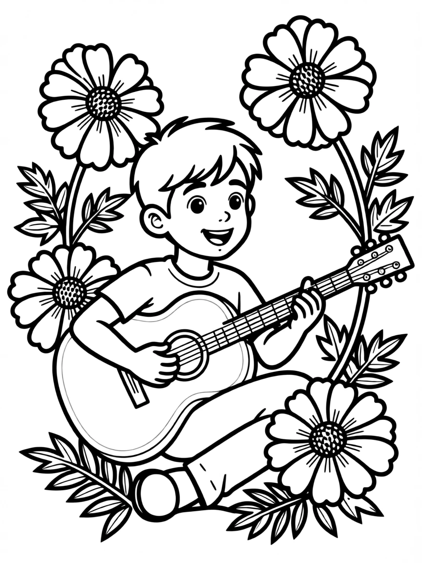 Miguel playing his guitar passionately, with glowing marigolds.