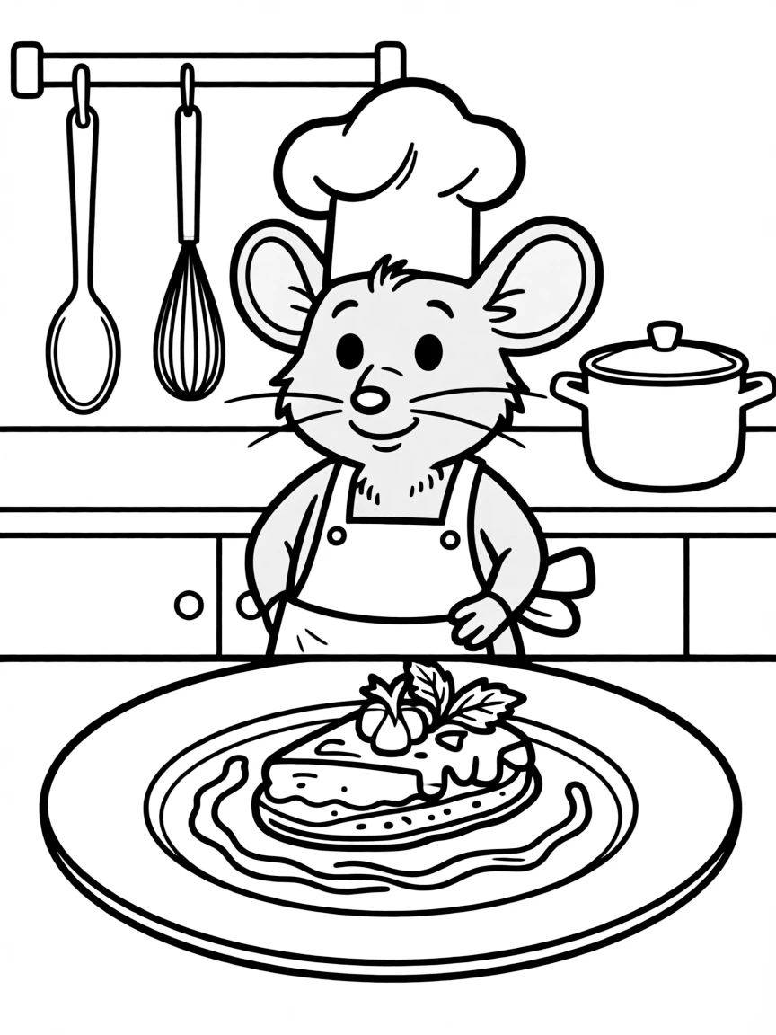 Remy cooking a fancy dish, with a tiny chef hat.