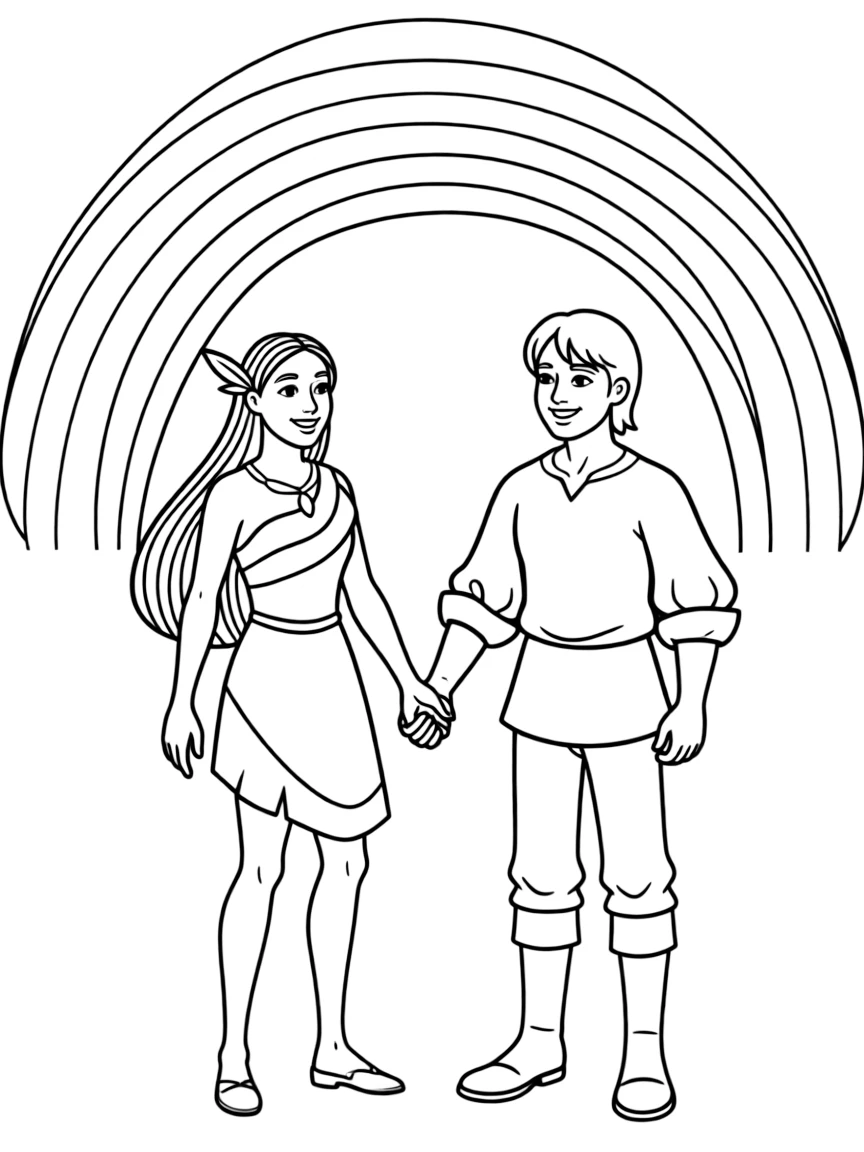 Pocahontas and John Smith holding hands, with a rainbow.