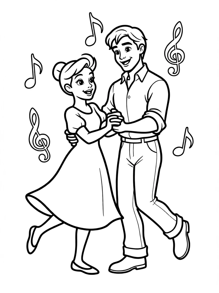 Tiana and Naveen dancing as humans, with music notes.