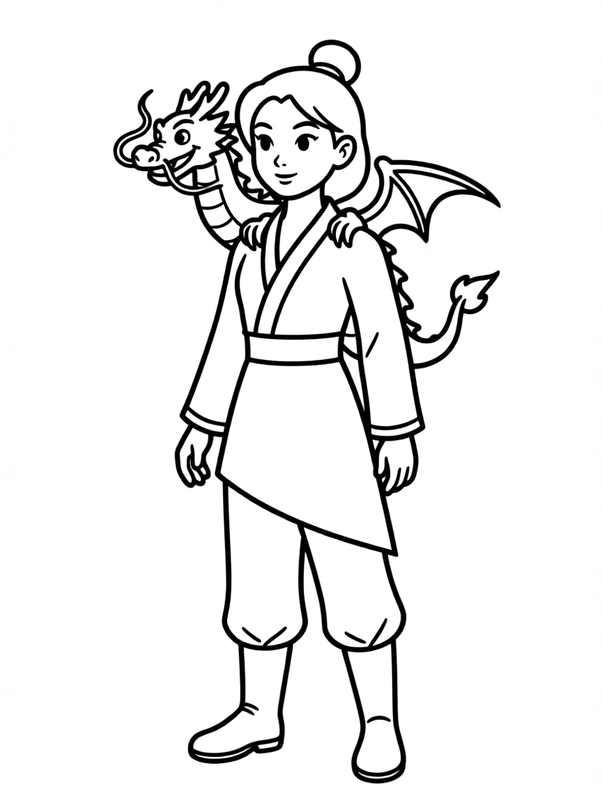 Mulan in warrior attire, with a dragon on her shoulder.