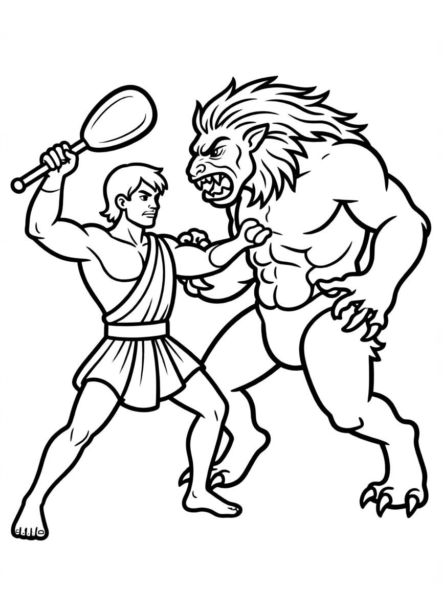 Hercules fighting a monster, looking strong.