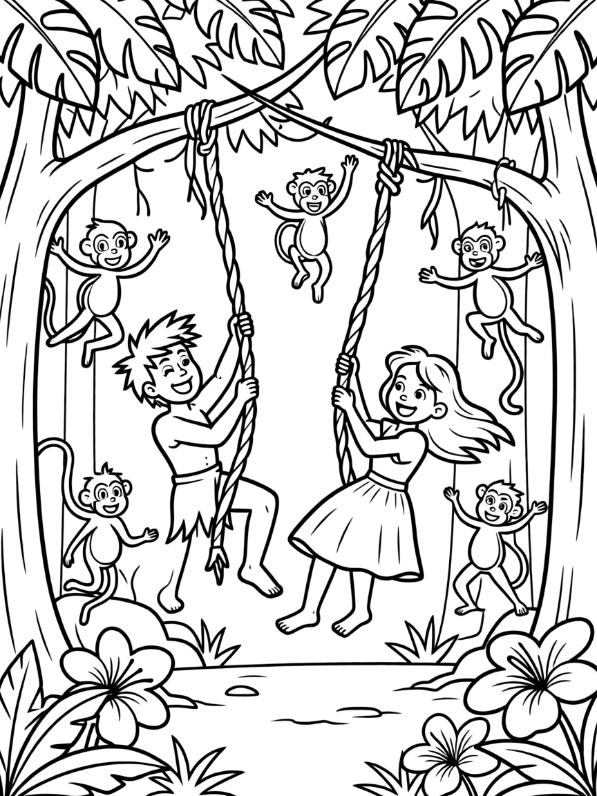 Tarzan and Jane swinging through the trees, with playful monkeys.