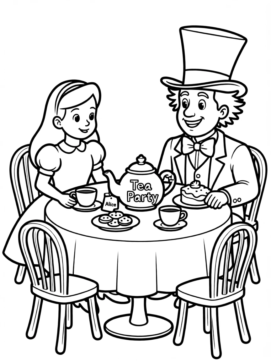 Alice having a tea party with the Mad Hatter.