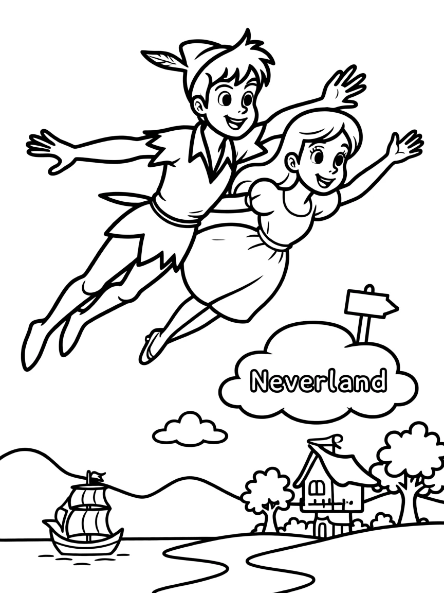Peter Pan and Wendy flying towards Neverland.