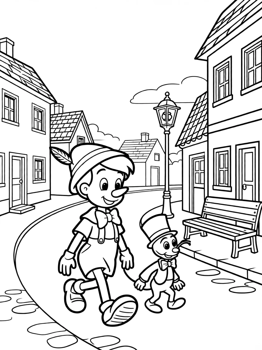 Pinocchio and Jiminy Cricket walking through a town.