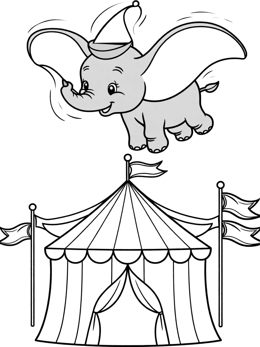 Dumbo flying towards the circus big top.