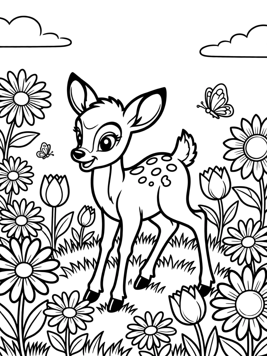 Bambi playing in a meadow, with colorful flowers.