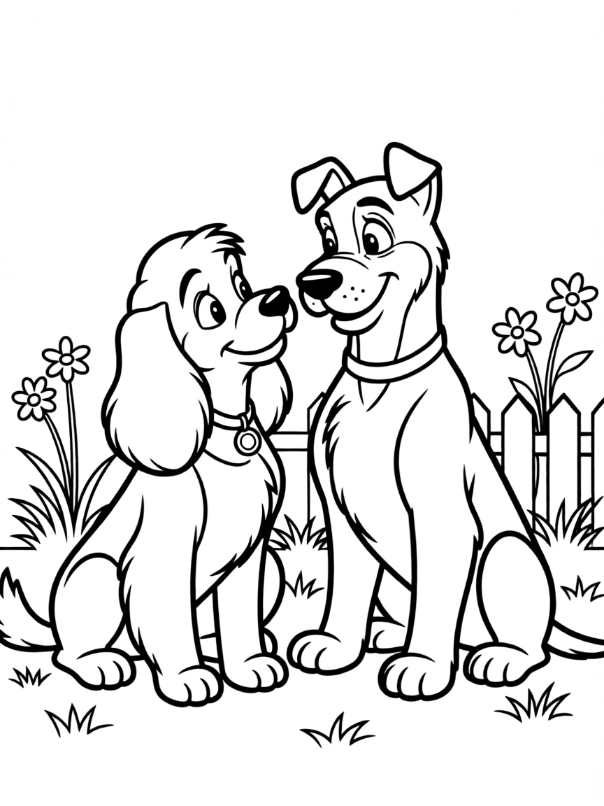 Lady and Tramp looking at each other romantically.