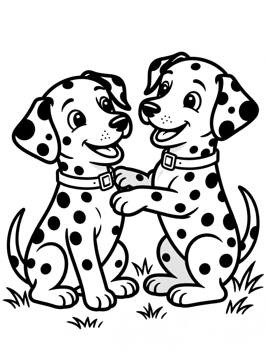 The Dalmatian puppies playing with each other.