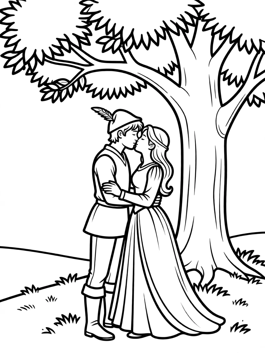 Robin Hood and Maid Marian kissing under a tree.