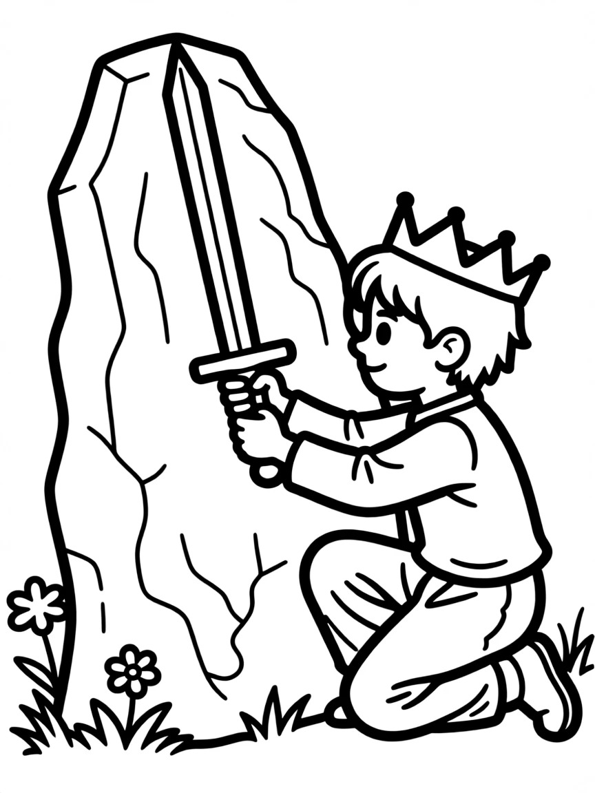 Arthur pulling the sword from the stone, with a crown.