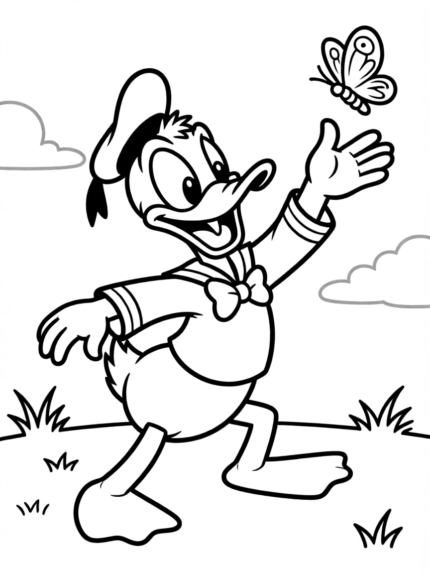 Donald Duck trying to catch a butterfly, looking clumsy.