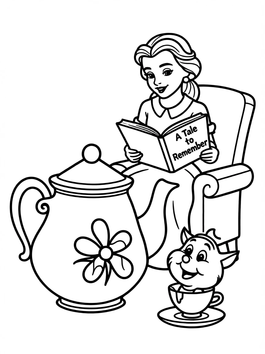 Belle reading a story to Mrs. Potts and Chip.