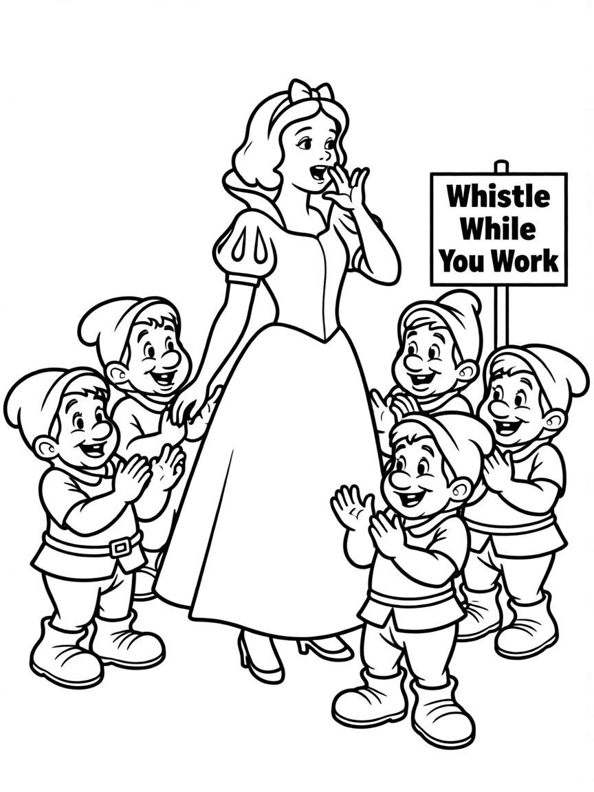 Snow White singing "Whistle While You Work" with the dwarfs.