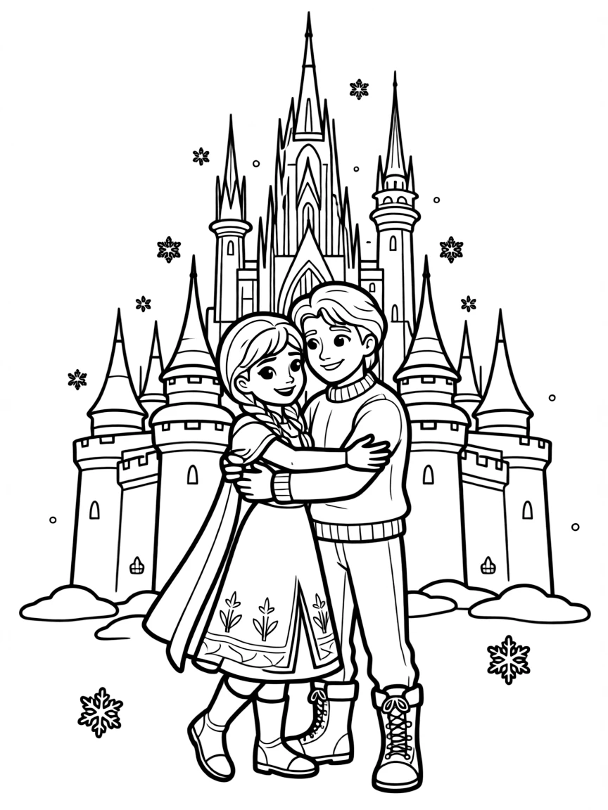 Anna and Kristoff hugging in front of a snowy castle.
