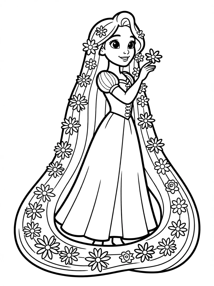 Rapunzel with flowers woven into her long hair.