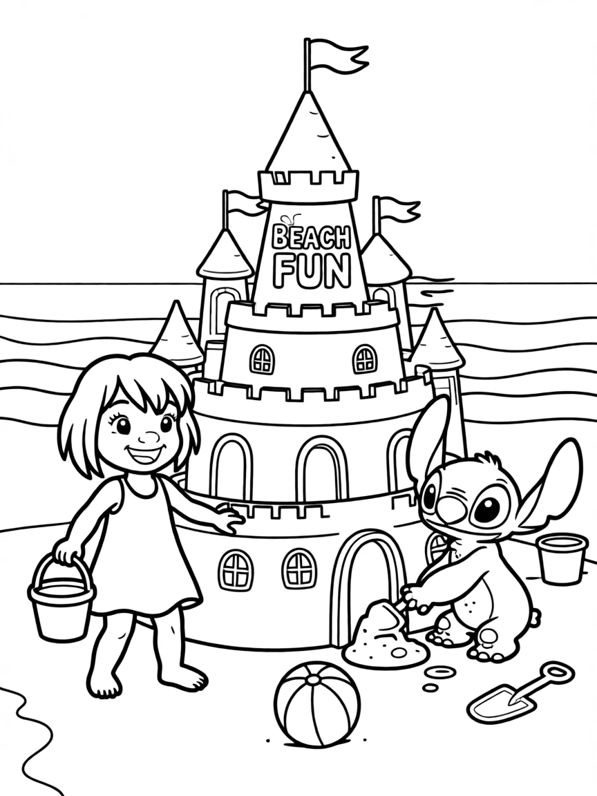 Lilo and Stitch building a huge sandcastle on the beach.