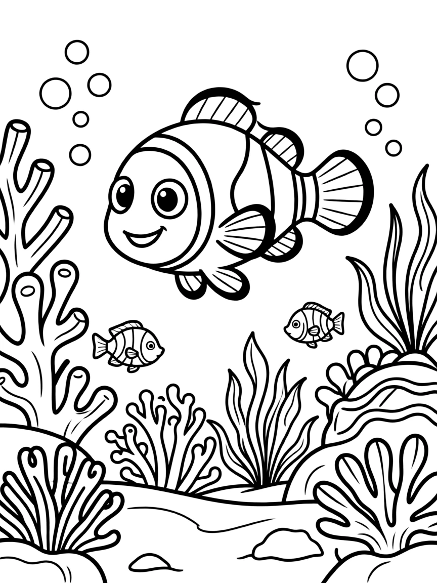 Nemo swimming in the coral reef.