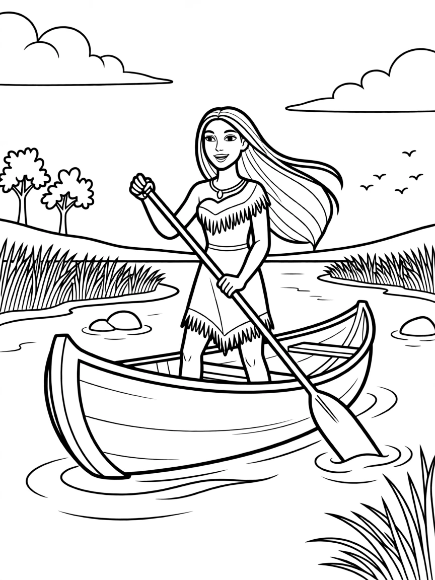 Pocahontas in her canoe, paddling down the river.