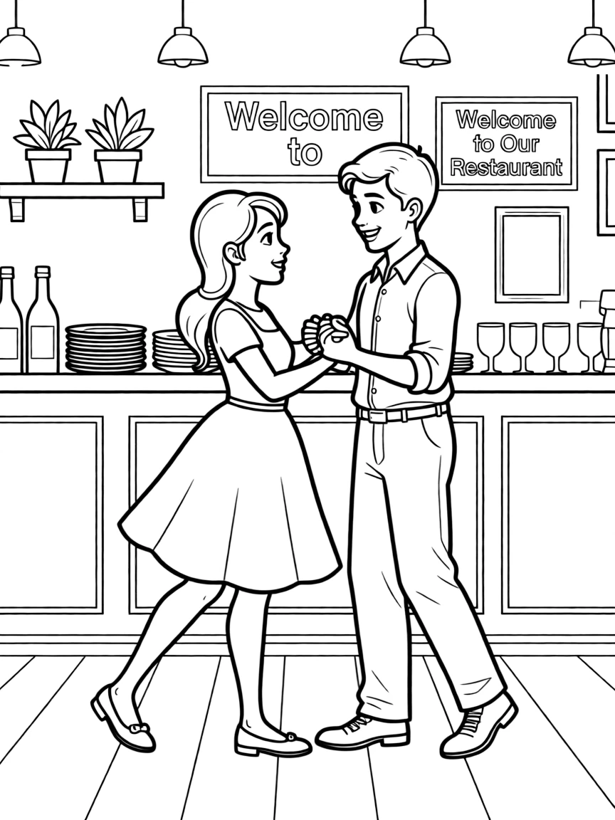 Tiana and Naveen waltzing in their restaurant.