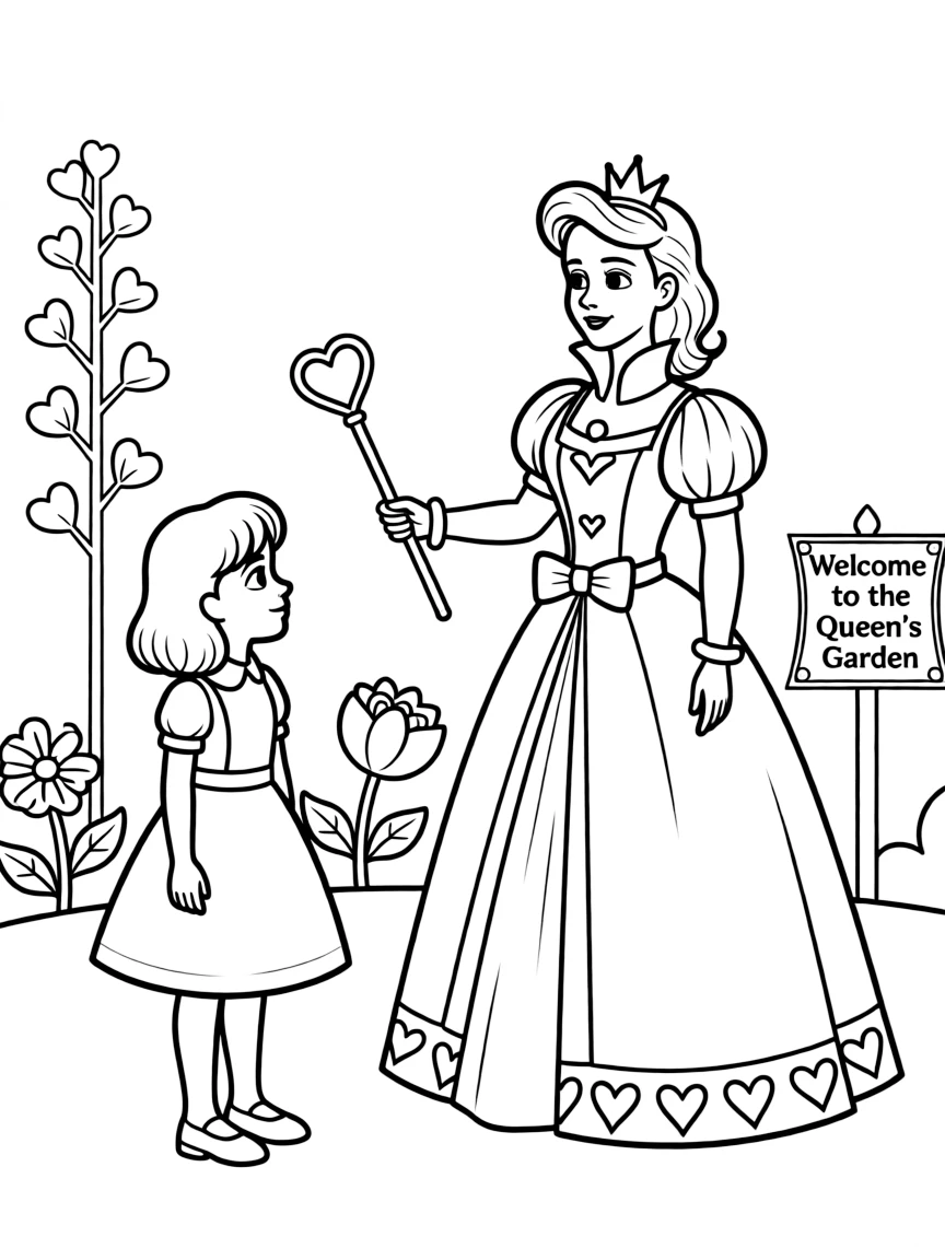 Alice meeting the Queen of Hearts for the first time.